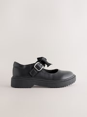 Black Matt Narrow Fit (E) Bow Chunky Mary Jane School Shoes - Image 3 of 5