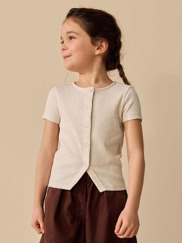 Oatmeal Short Sleeve Ribbed Cardigan (3-16yrs) - Image 1 of 7
