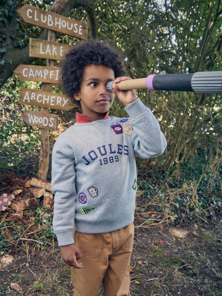 Joules Boys' Jasper Grey Marl Crew Badge Sweatshirt - Image 1 of 7 Joules Boys' Jasper Grey Marl Crew Badge Sweatshirt - Image 1 of 7