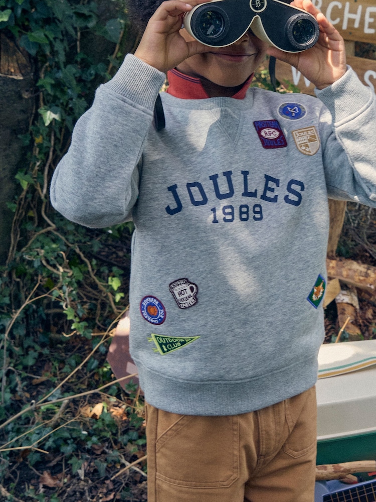 Joules Boys' Jasper Grey Marl Crew Badge Sweatshirt - Image 2 of 7 Joules Boys' Jasper Grey Marl Crew Badge Sweatshirt - Image 2 of 7
