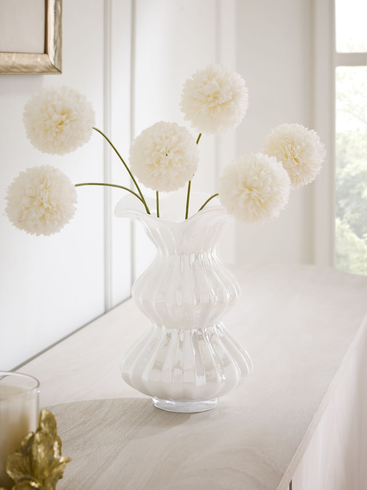 White Ruffle Lustre Finish Glass Vase - Image 1 of 3 White Ruffle Lustre Finish Glass Vase - Image 1 of 3