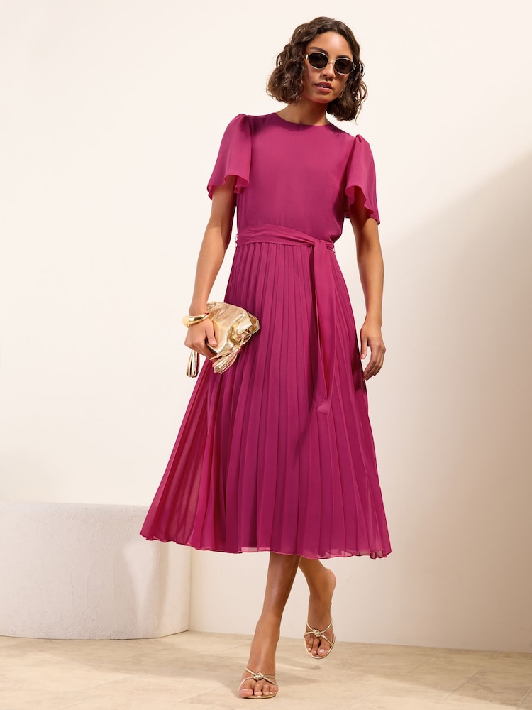 Friends Like These Pink Pleated Short Sleeve Midi Dress - Image 1 of 5 Friends Like These Pink Pleated Short Sleeve Midi Dress - Image 1 of 5