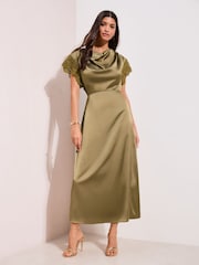 Friends Like These Olive Green Petite Satin Cowl Neck Midi Dress - Image 1 of 5