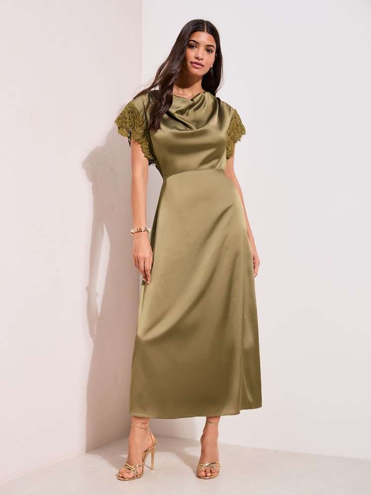Friends Like These Olive Green Petite Satin Cowl Neck Midi Dress - Image 1 of 5