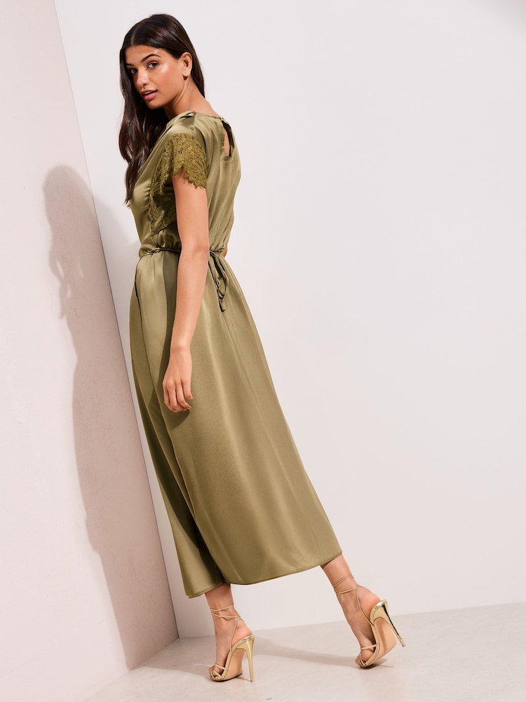 Friends Like These Olive Green Petite Satin Cowl Neck Midi Dress - Image 5 of 5
