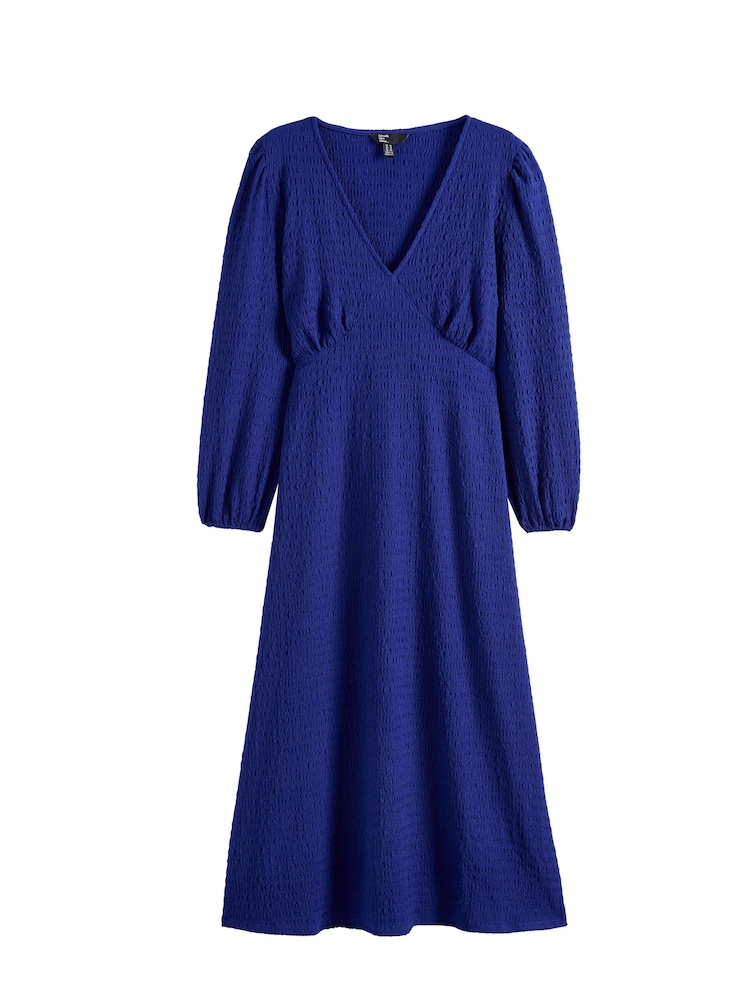 Friends Like These Blue Curve Textured V-Neck Long Sleeve Midi Dress - Image 1 of 2