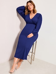 Friends Like These Blue Curve Textured V-Neck Long Sleeve Midi Dress - Image 3 of 6