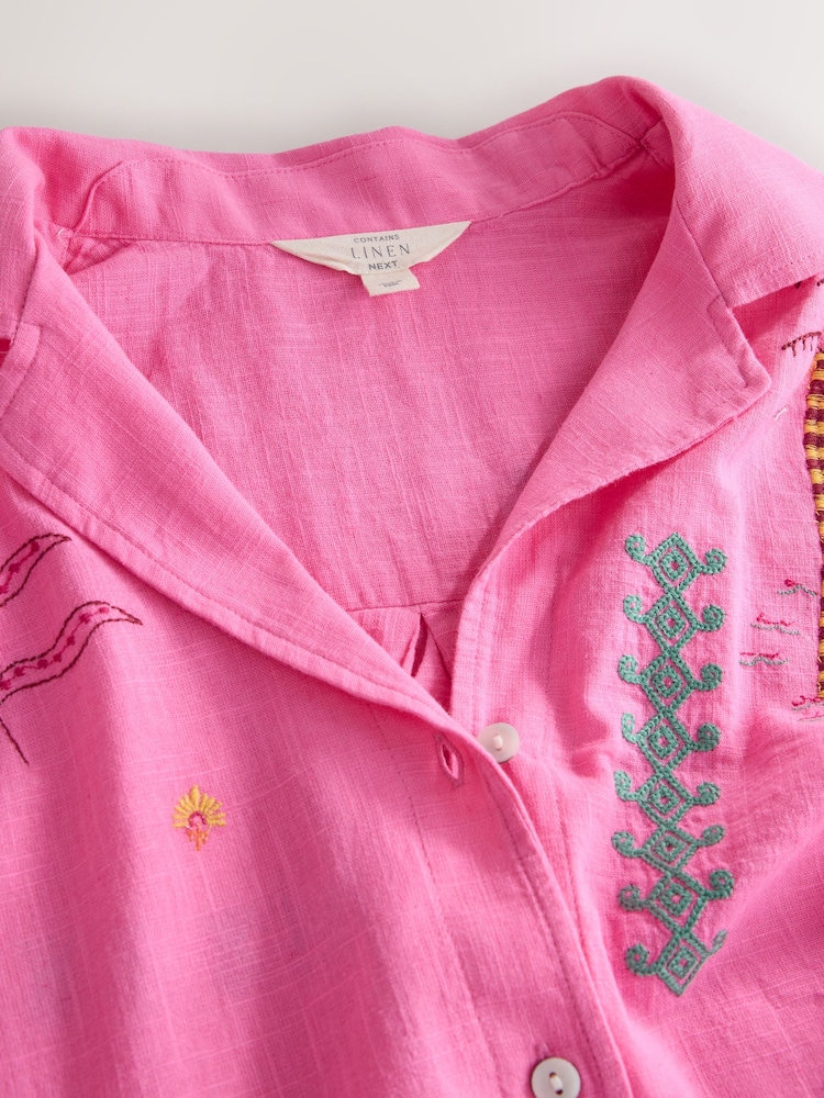 Pink Embroidered Short Sleeve Shirt with Linen - Image 8 of 8