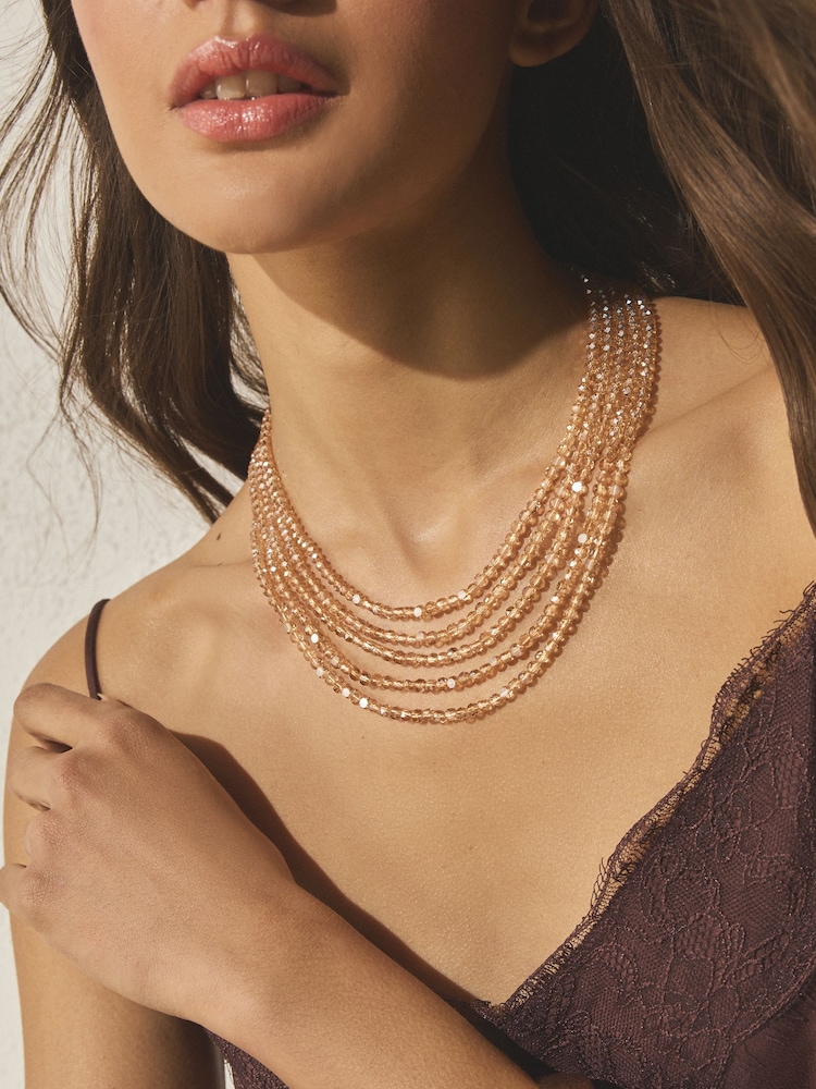 Champagne Gold Tone Layered Beaded Necklace - Image 2 of 6