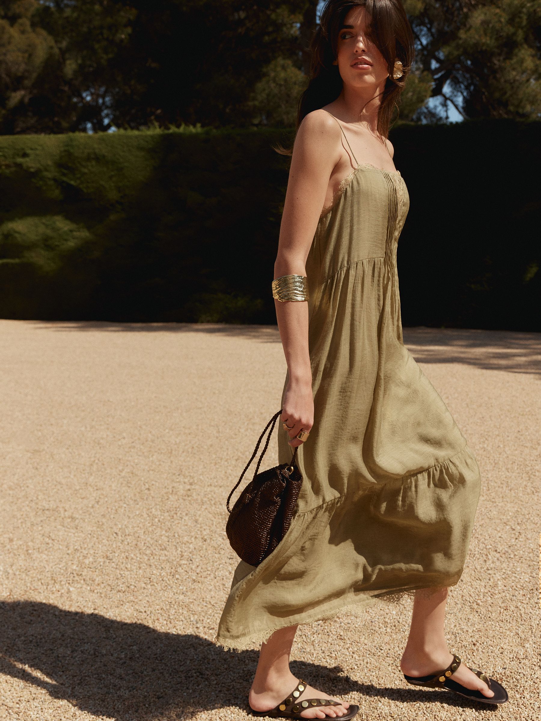 green dress with brown sandals Chocolate brown shoes to go with a moss green bridesmaid dress