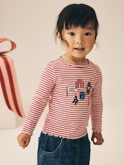 Red Stripe Christmas Embroidery Ribbed Long Sleeve Top (3mths-7yrs) - Image 1 of 8