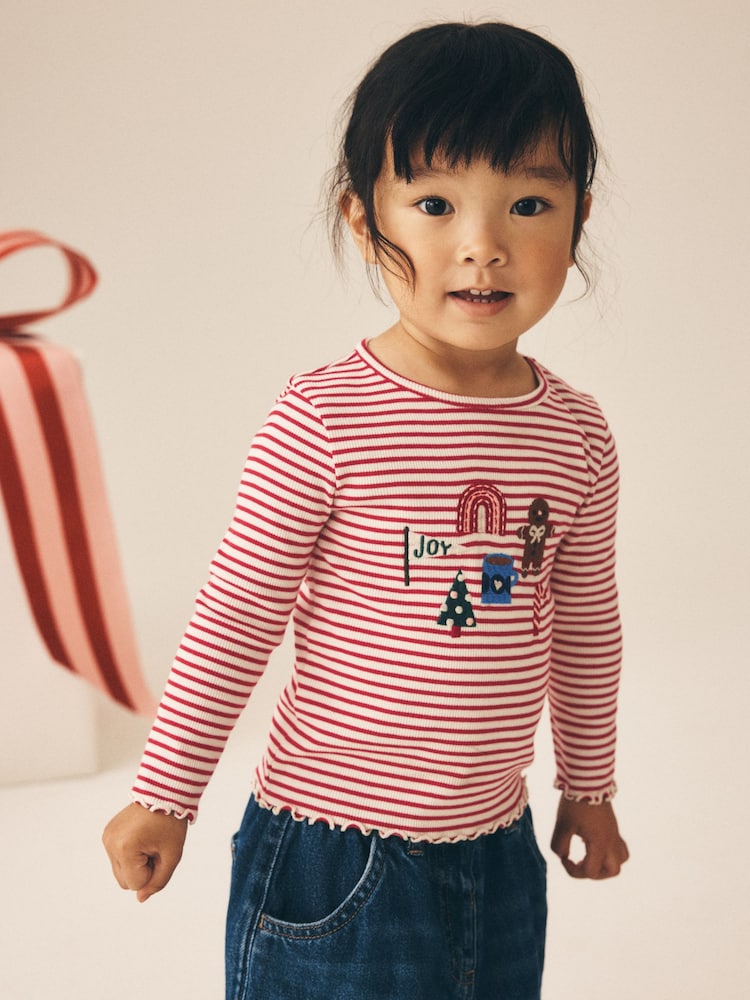Red Stripe Christmas Embroidery Ribbed Long Sleeve Top (3mths-7yrs) - Image 1 of 8 Red Stripe Christmas Embroidery Ribbed Long Sleeve Top (3mths-7yrs) - Image 1 of 8