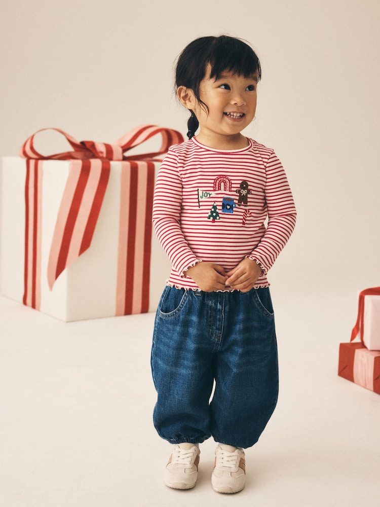 Red Stripe Christmas Embroidery Ribbed Long Sleeve Top (3mths-7yrs) - Image 2 of 8 Red Stripe Christmas Embroidery Ribbed Long Sleeve Top (3mths-7yrs) - Image 2 of 8