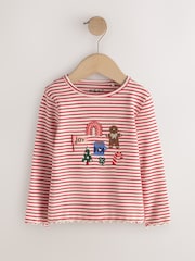Red Stripe Christmas Embroidery Ribbed Long Sleeve Top (3mths-7yrs) - Image 5 of 8