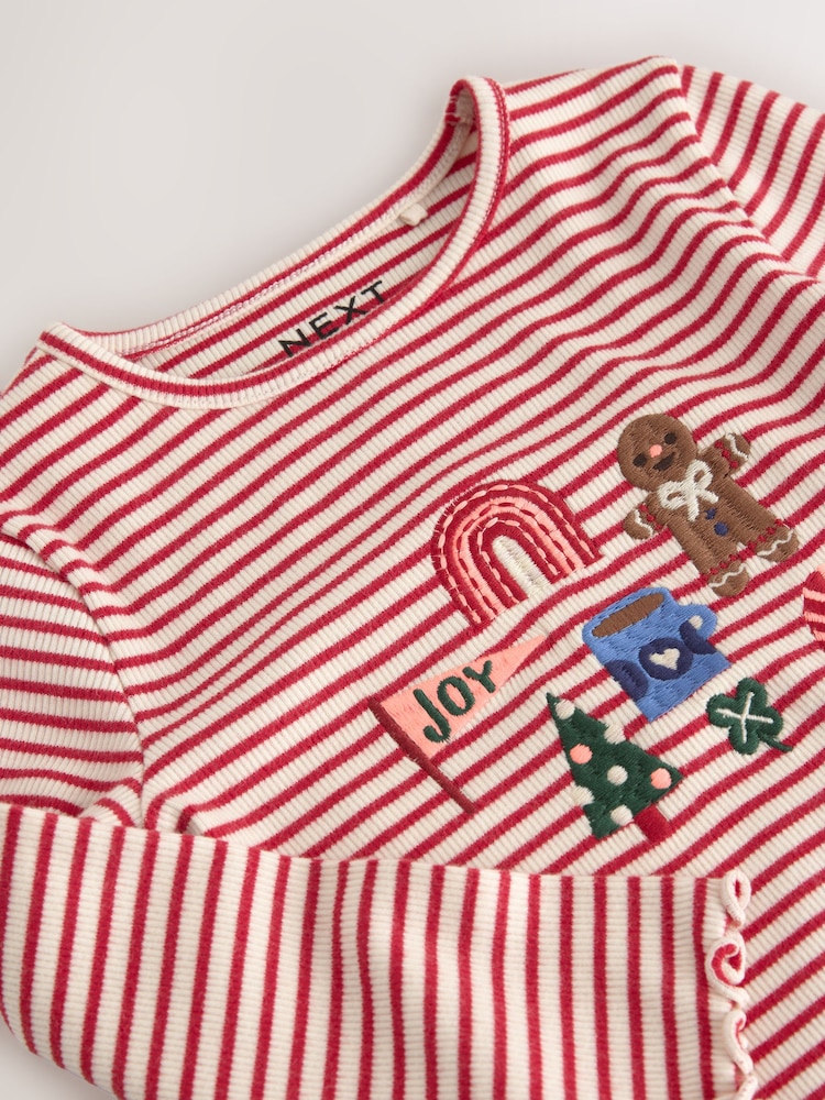 Red Stripe Christmas Embroidery Ribbed Long Sleeve Top (3mths-7yrs) - Image 8 of 8 Red Stripe Christmas Embroidery Ribbed Long Sleeve Top (3mths-7yrs) - Image 8 of 8