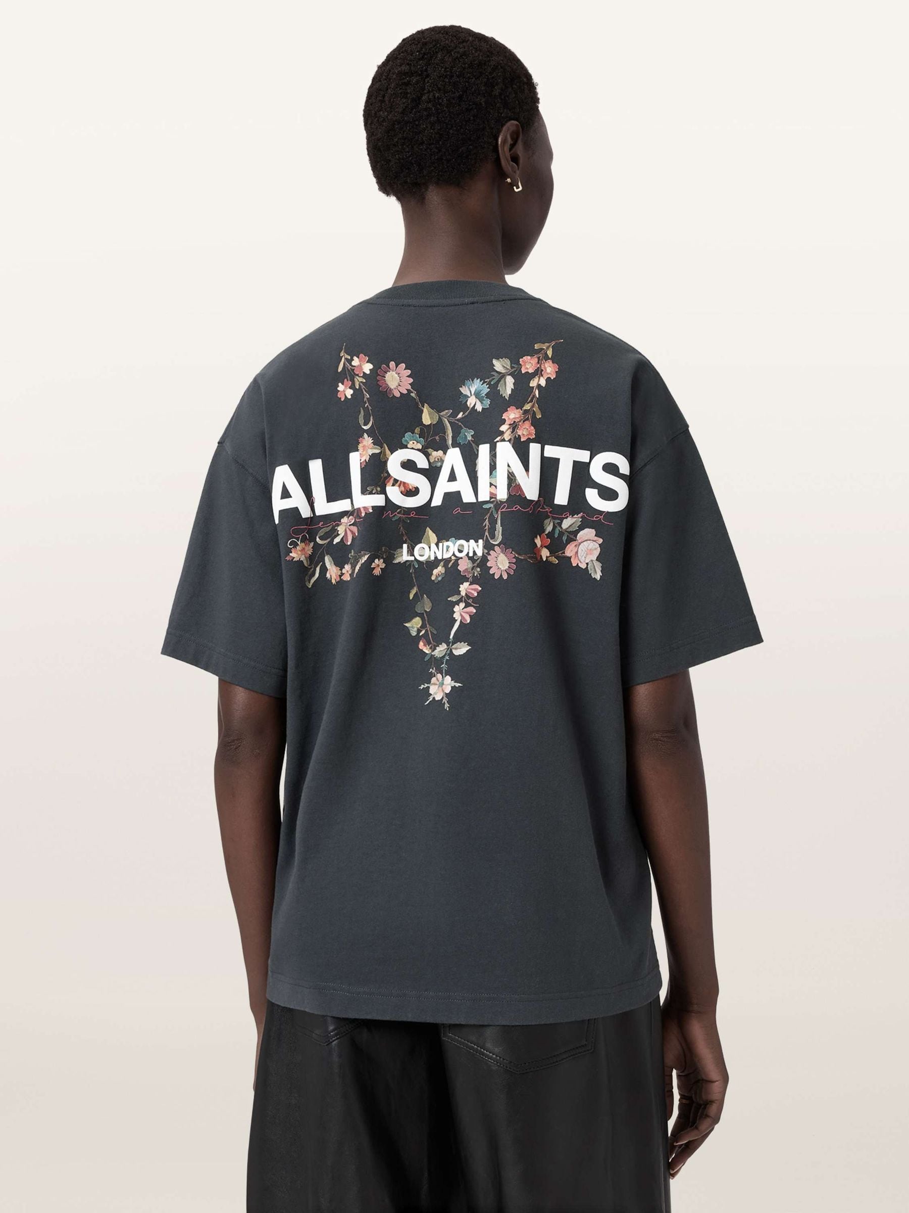 Buy AllSaints Black Pentacle Etta Floral Star Back Print Cotton T