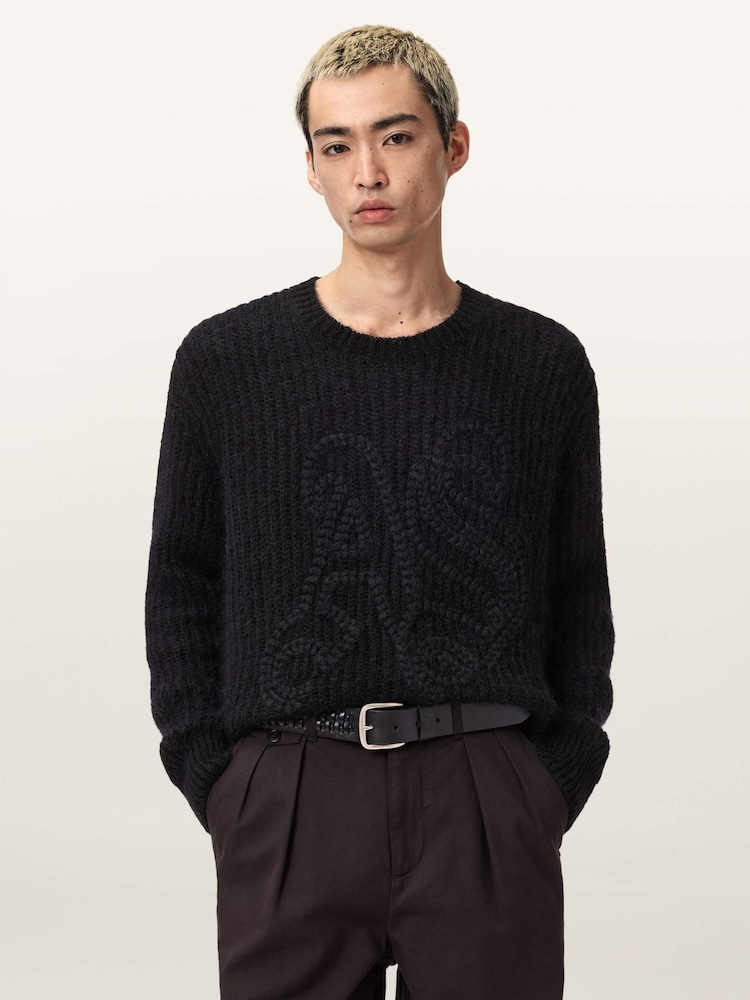 AllSaints Black Chainy Crew Neck Jumper - Image 1 of 7 AllSaints Black Chainy Crew Neck Jumper - Image 1 of 7