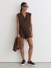Reiss Chocolate Brown Willa Cotton-Blend Sleeveless V-Neck Sweat Top - Image 1 of 6