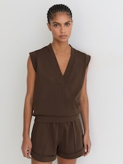 Reiss Chocolate Brown Willa Cotton-Blend Sleeveless V-Neck Sweat Top - Image 3 of 6