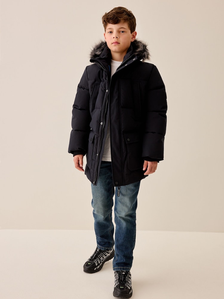 Black Heavyweight Shower Resistant Faux Fur Trim Parka Coat (3-16yrs) - Image 2 of 7 Black Heavyweight Shower Resistant Faux Fur Trim Parka Coat (3-16yrs) - Image 2 of 7