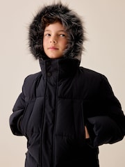 Black Heavyweight Shower Resistant Faux Fur Trim Parka Coat (3-16yrs) - Image 4 of 7