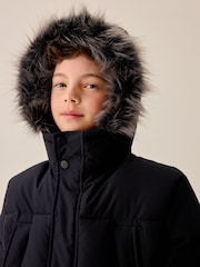 Black Heavyweight Shower Resistant Faux Fur Trim Parka Coat (3-16yrs) - Image 5 of 7