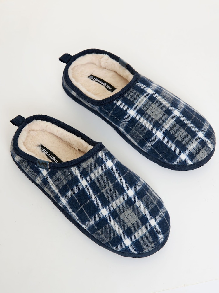Threadbare Blue Check Faux Fur Lined Mule Slippers - Image 2 of 5