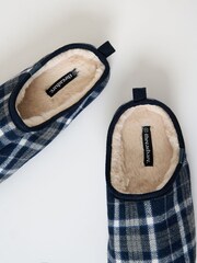 Threadbare Blue Check Faux Fur Lined Mule Slippers - Image 4 of 5
