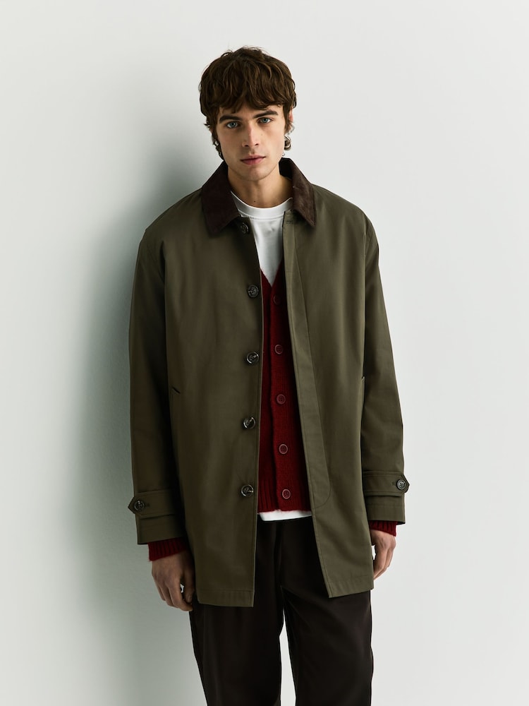 Olive Green Cotton Trench Coat with Corduroy Trim Collar - Image 1 of 11