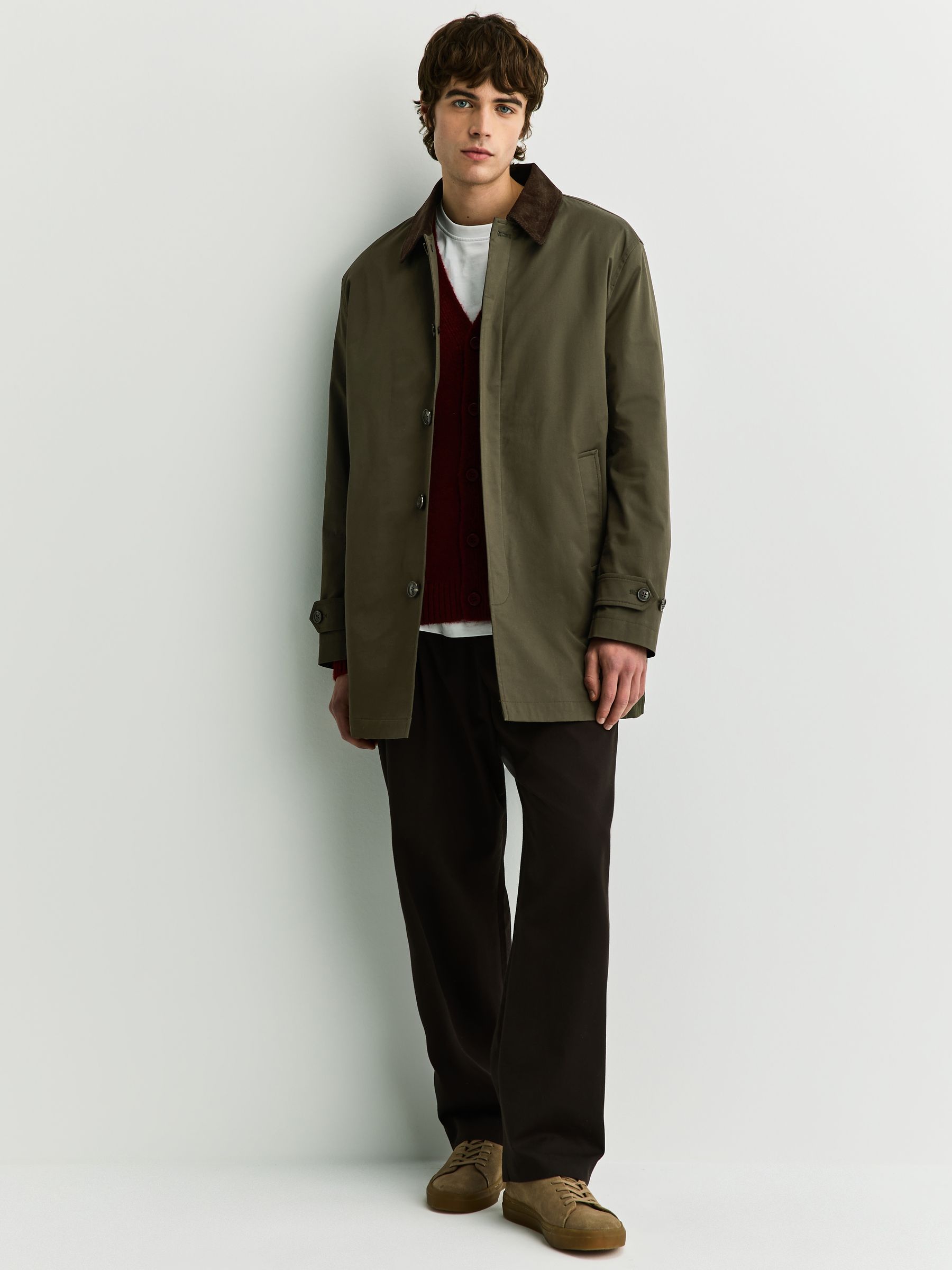 Buy Olive Green Cotton Trench Coat with Corduroy Trim Collar from