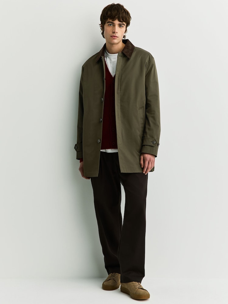 Olive Green Cotton Trench Coat with Corduroy Trim Collar - Image 2 of 11
