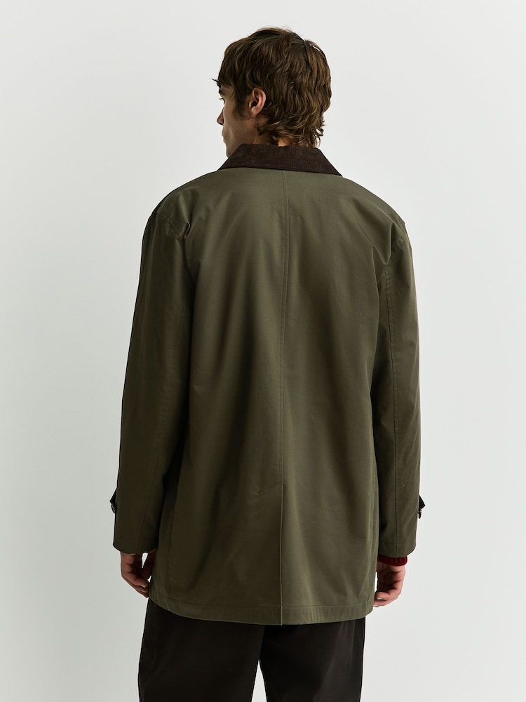 Mens Next Olive Green Cotton Trench Coat with Corduroy Trim Collar XL Mens Next Olive Green Cotton Trench Coat with Corduroy Trim Collar XL