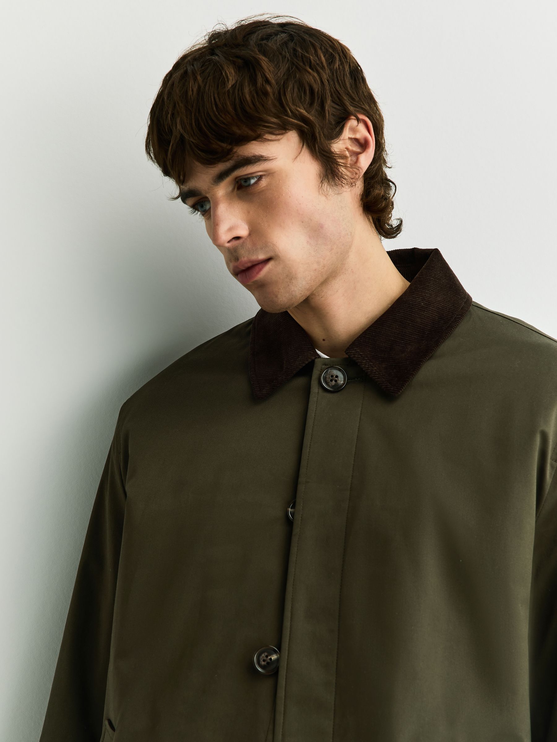 Buy Olive Green Cotton Trench Coat with Corduroy Trim Collar from