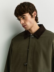 Olive Green Cotton Trench Coat with Corduroy Trim Collar - Image 6 of 11