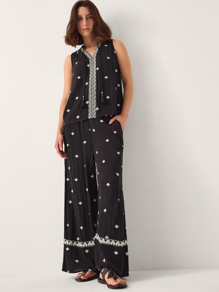Monsoon Black Samara Embroidered Wide Leg Trousers - Image 1 of 4 Monsoon Black Samara Embroidered Wide Leg Trousers - Image 1 of 4