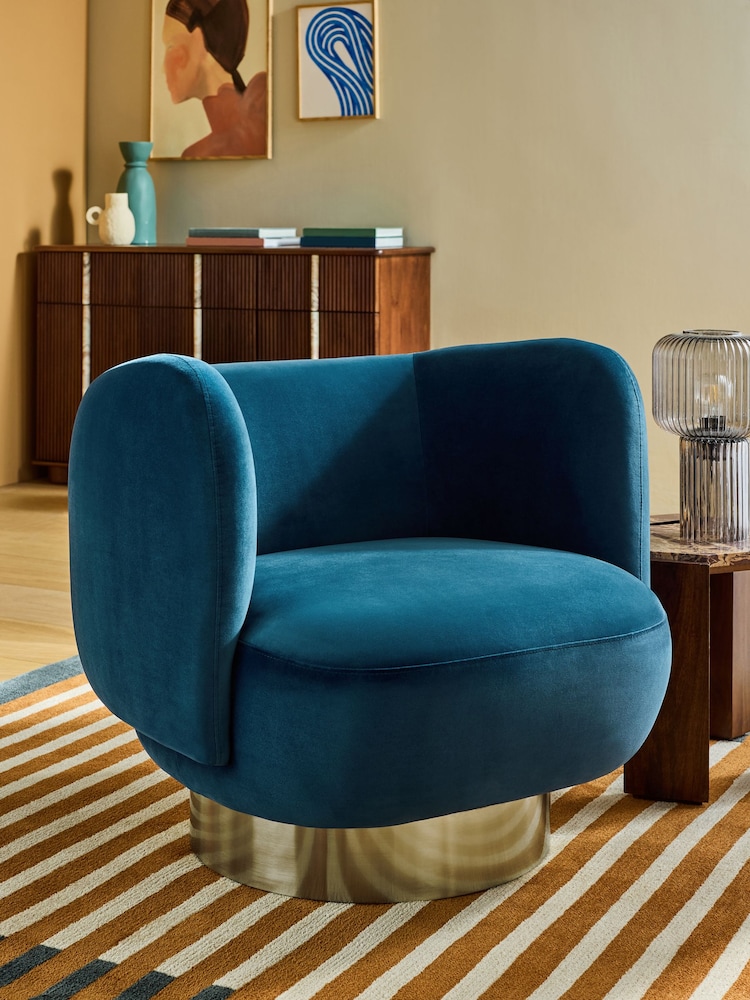 MADE.COM Petrol Blue Velvet Novara Swivel Accent Chair - Image 1 of 5 MADE.COM Petrol Blue Velvet Novara Swivel Accent Chair - Image 1 of 5