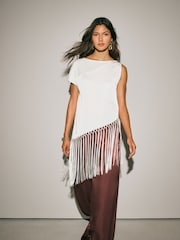 Ecru Sleeveless Asymmetric Fringe Tassel Top - Image 1 of 8