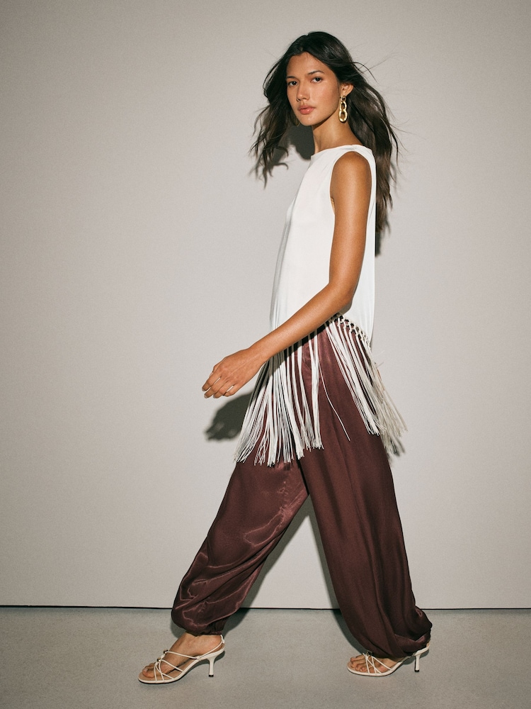 Ecru Sleeveless Asymmetric Fringe Tassel Top - Image 2 of 8 Ecru Sleeveless Asymmetric Fringe Tassel Top - Image 2 of 8