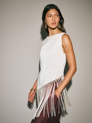 Ecru Sleeveless Asymmetric Fringe Tassel Top - Image 3 of 8