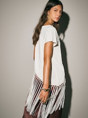 Ecru Sleeveless Asymmetric Fringe Tassel Top - Image 4 of 8