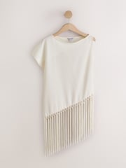 Ecru Sleeveless Asymmetric Fringe Tassel Top - Image 6 of 8
