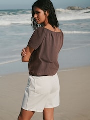朱古力啡色 - Short Sleeve Bubblehem Scoop Neck T-Shirt - 圖片 3/7
