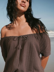 朱古力啡色 - Short Sleeve Bubblehem Scoop Neck T-Shirt - 圖片 4/7