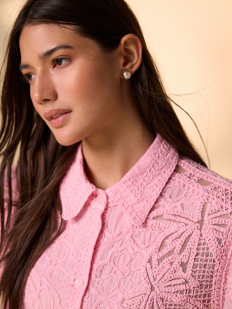 Pink Crochet Short Sleeve Shirt - Image 2 of 5 Pink Crochet Short Sleeve Shirt - Image 2 of 5