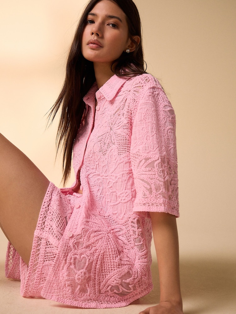 Pink Crochet Short Sleeve Shirt - Image 5 of 5 Pink Crochet Short Sleeve Shirt - Image 5 of 5