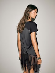 Black Sleeveless Asymmetric Fringe Tassel Top - Image 2 of 7