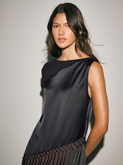 Black Sleeveless Asymmetric Fringe Tassel Top - Image 3 of 7