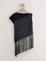 Black Sleeveless Asymmetric Fringe Tassel Top - Image 5 of 7