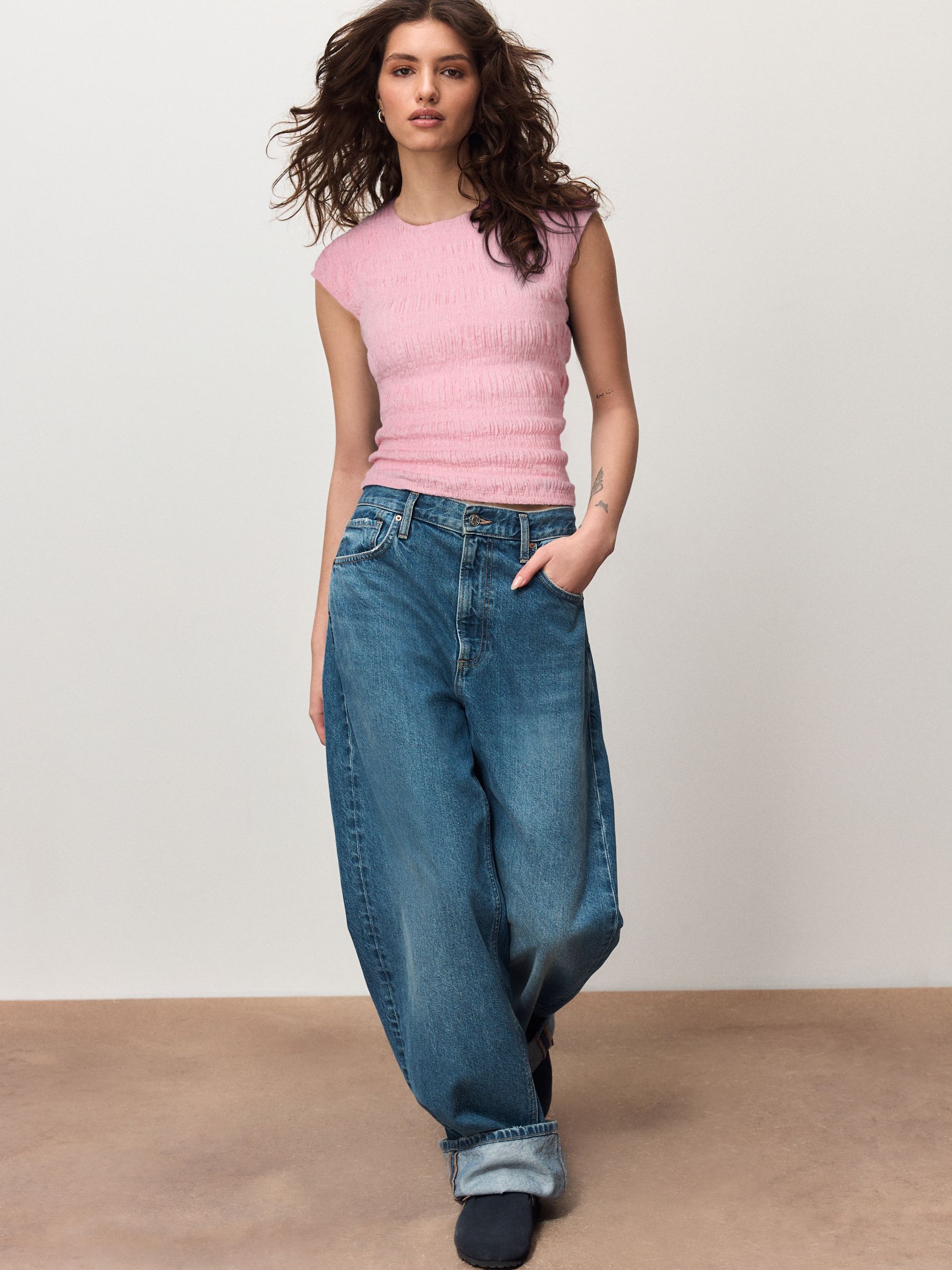 Buy Pink Short Sleeve Shirred Textured Crew Neck Top from the Next