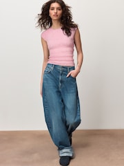 Pink Short Sleeve Shirred Textured Crew Neck Top - Image 2 of 4